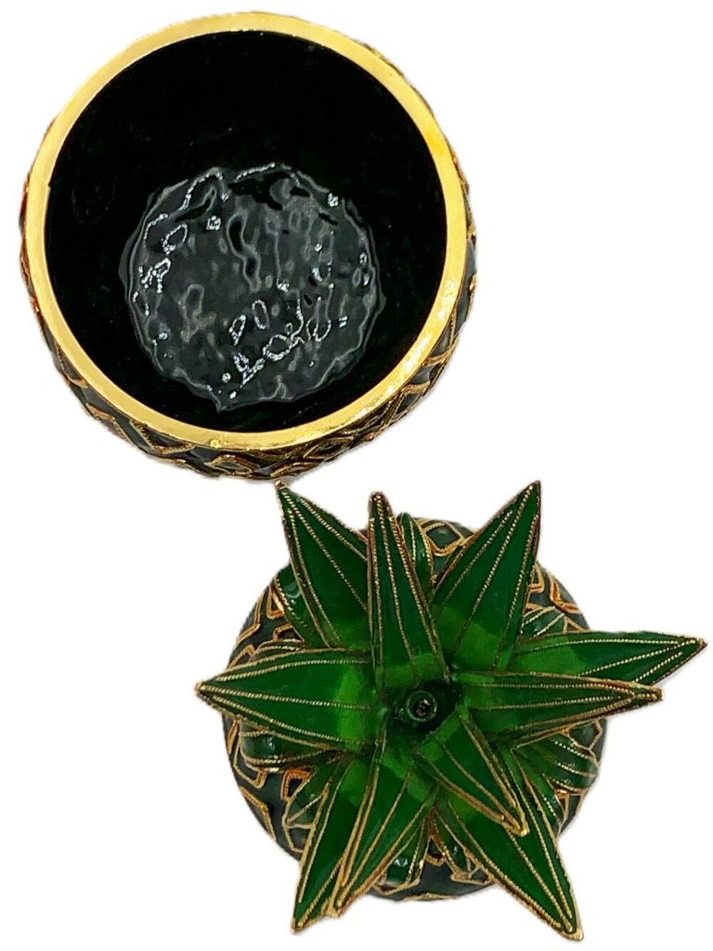 Large 7" PINEAPPLE Cloisonne Enamel Candy Trinket Box Jar Original Box Vintage - Picture 7 of 11